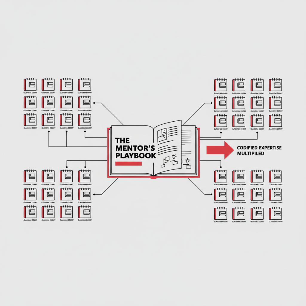 One mentor's playbook multiplying into many parallel training cohorts, suggesting scale without added headcount.