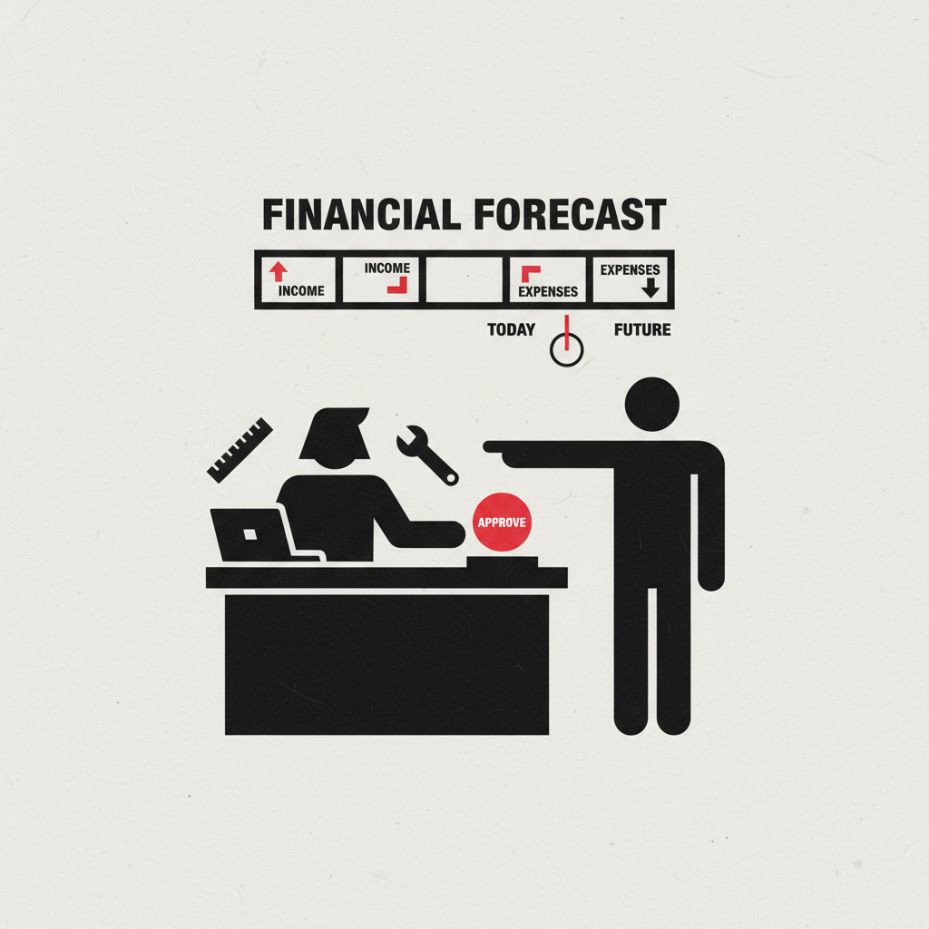 A small-business owner at their workbench with a calm advisor figure beside them pointing at a simple cash-flow timeline, suggesting a recommendation while the owner keeps a hand on the decision.