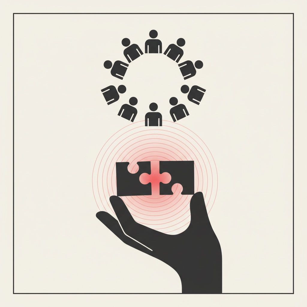 A hand bringing two puzzle pieces together to join, with a circle of figures forming a cohort in the background