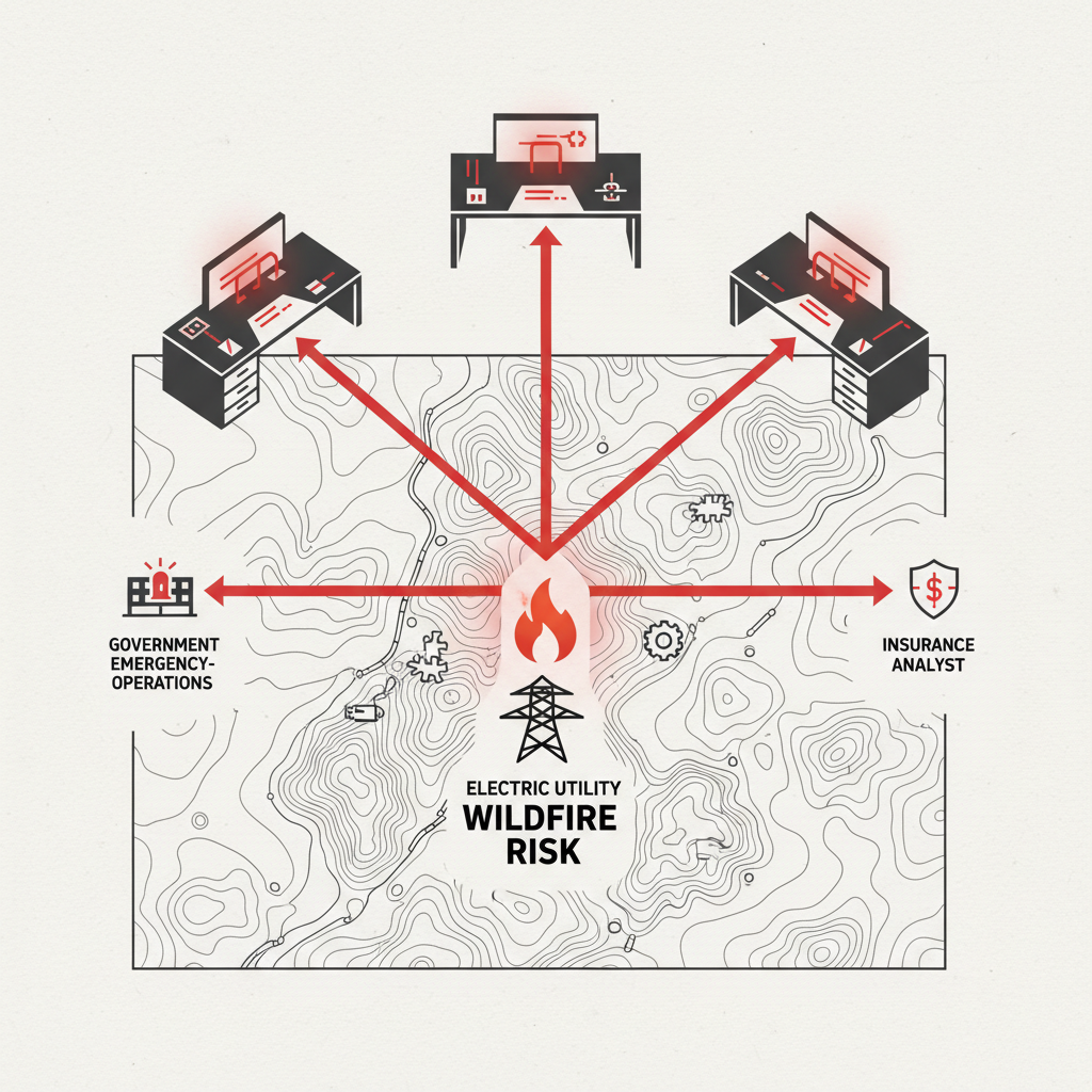 A wildfire-risk signal from a terrain map routed to three different buyers: an agency, a utility, and an insurer.