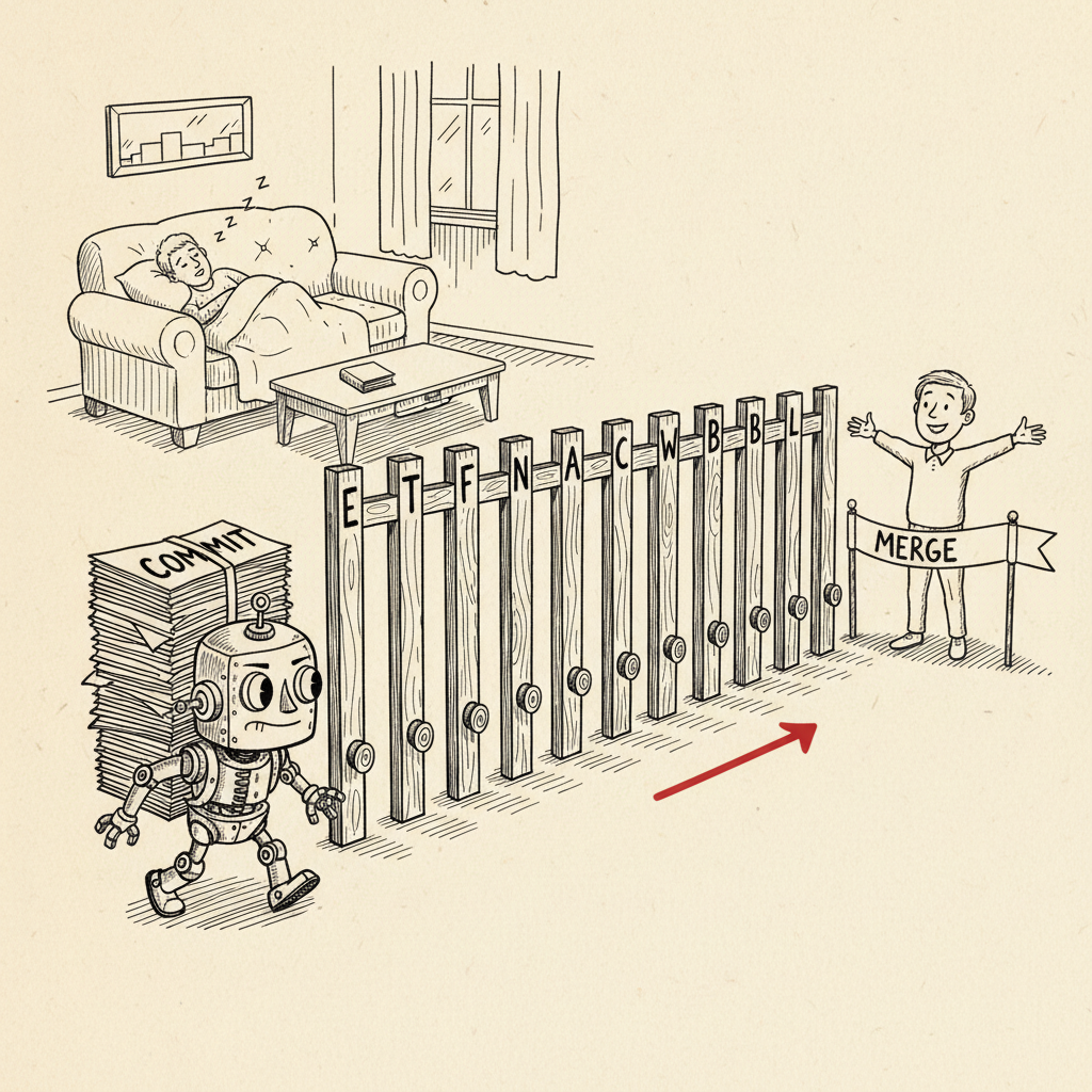 Pen-and-ink sketch of a clockwork robot carrying a stack of paper labeled COMMIT, walking through a row of nine wooden gates each marked with a letter, toward a smiling human standing at a finish line ribbon labeled MERGE