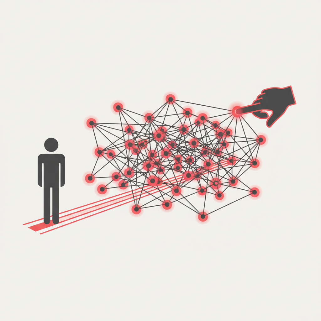 A person at the edge of a dense web of interconnected nodes, with one illuminated path threading through the tangle and a hand selecting a single node