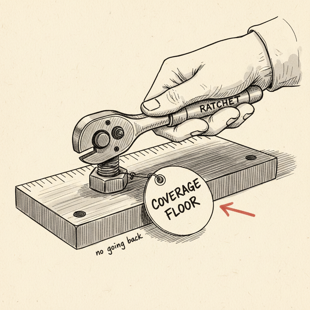 Pen-and-ink close-up of a hand turning a ratchet wrench labeled RATCHET on a bolt set in a steel plate; a paper tag on the bolt reads COVERAGE FLOOR and a small note below reads no going back