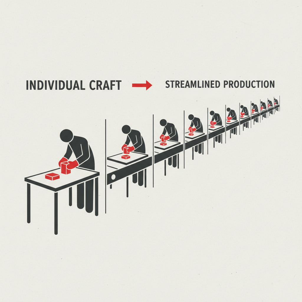A single craftsman's workbench in front, repeated into an orderly row connected by a conveyor stretching to the horizon