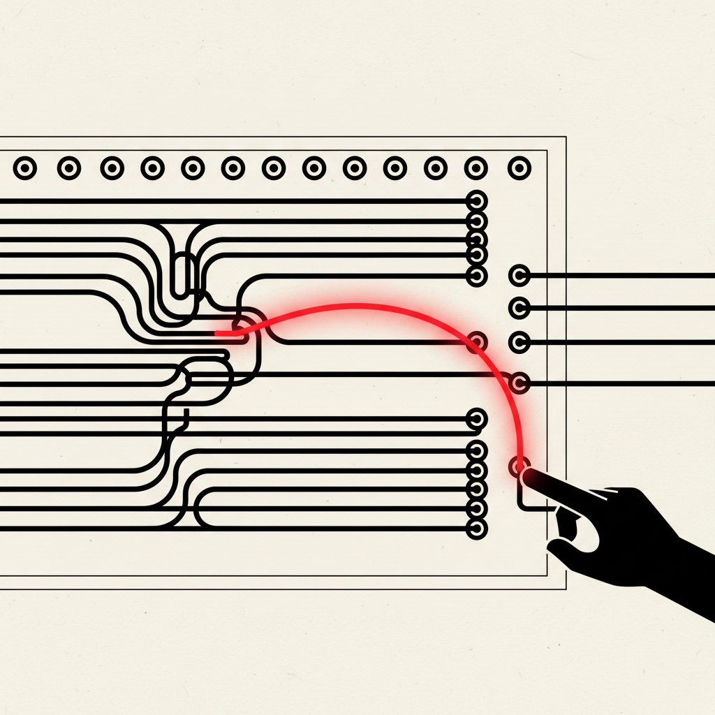A switchboard with many cords, one glowing brighter as a hand connects it