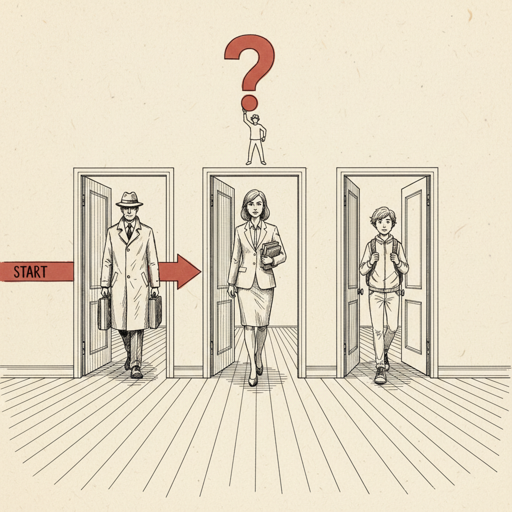 Pen-and-ink sketch of three parallel doorways with figures, one doorway has a question mark above it, a red START arrow points toward the middle
