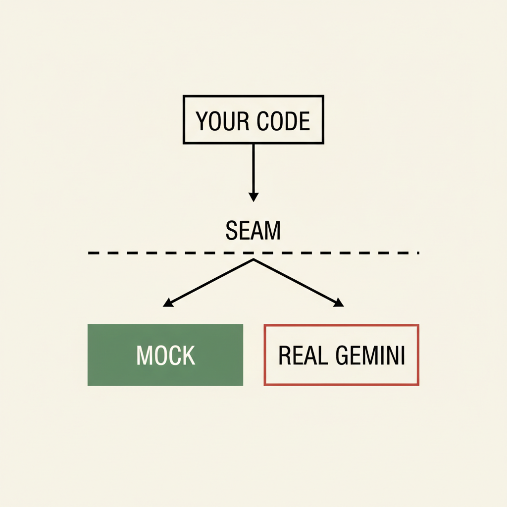 Diagram showing YOUR CODE above a dashed SEAM line, with arrows branching to either a green MOCK block or a red REAL GEMINI block