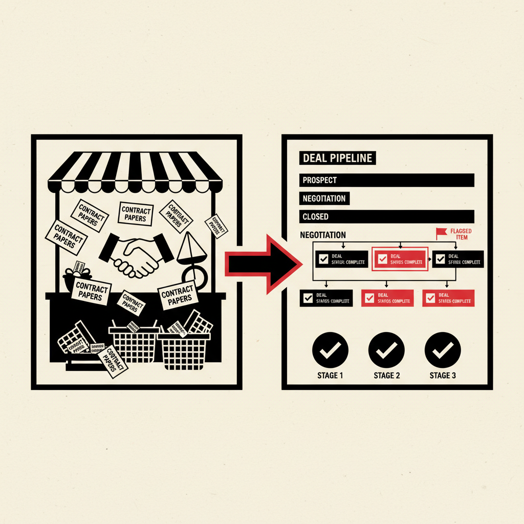 A cluttered marketplace handshake on one side transforms into a clean operations dashboard with a pipeline of deal cards moving through labeled stages, one flagged for review