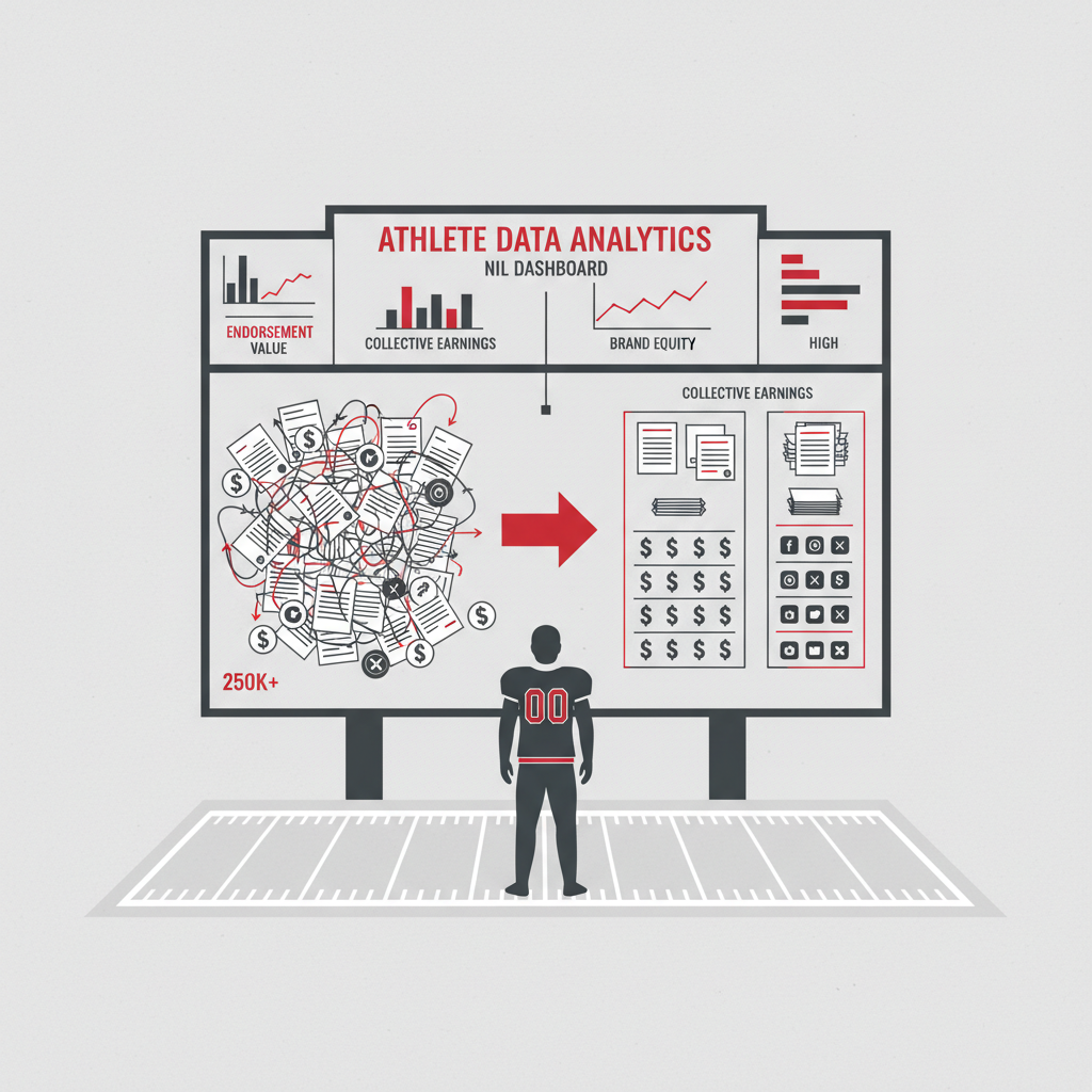 A college athlete faces a stadium scoreboard rendered as a data dashboard, with chaotic NIL contracts and dollar signs on one side resolving into orderly columns on the other