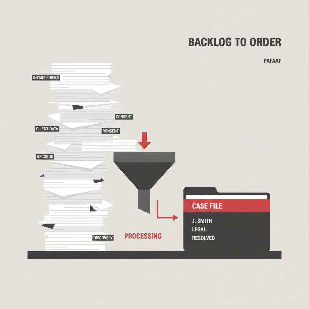 A tall stack of intake paperwork funneling down into one organized case folder on a desk, illustrating an intake backlog resolved into order.