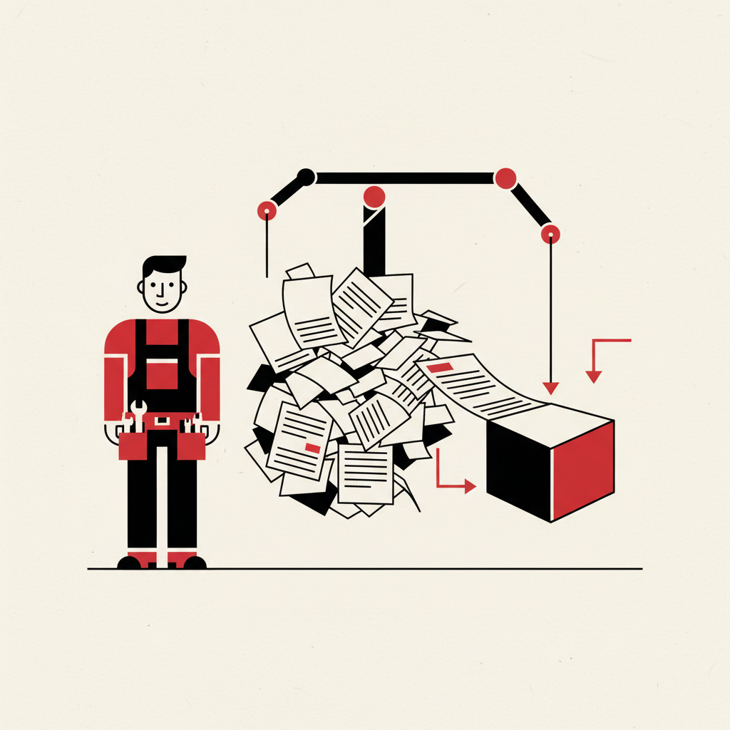 A tradesperson freed to work as a heavy pile of paperwork is lifted away into a small neat box