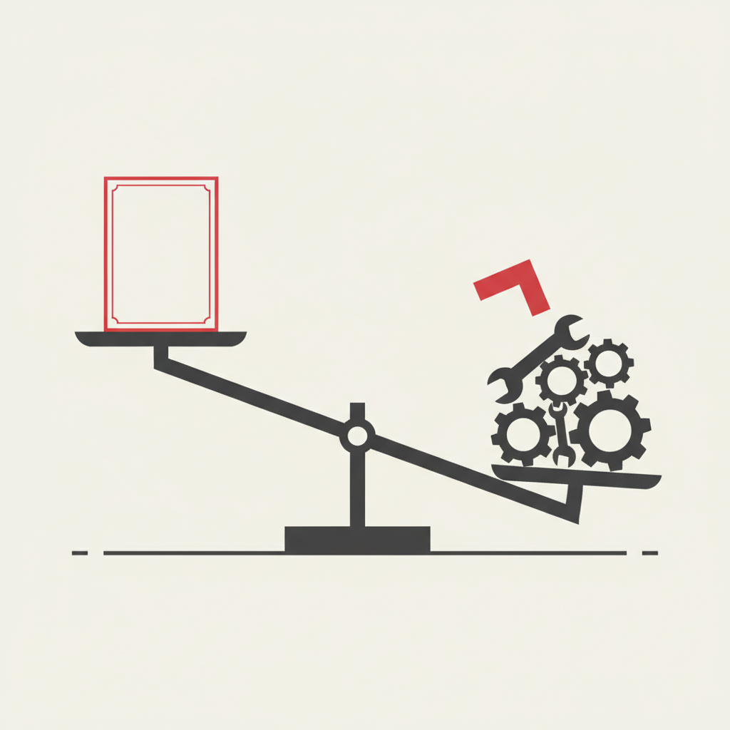 A balance scale tipping toward a solid object of gears and tools over a flat paper certificate