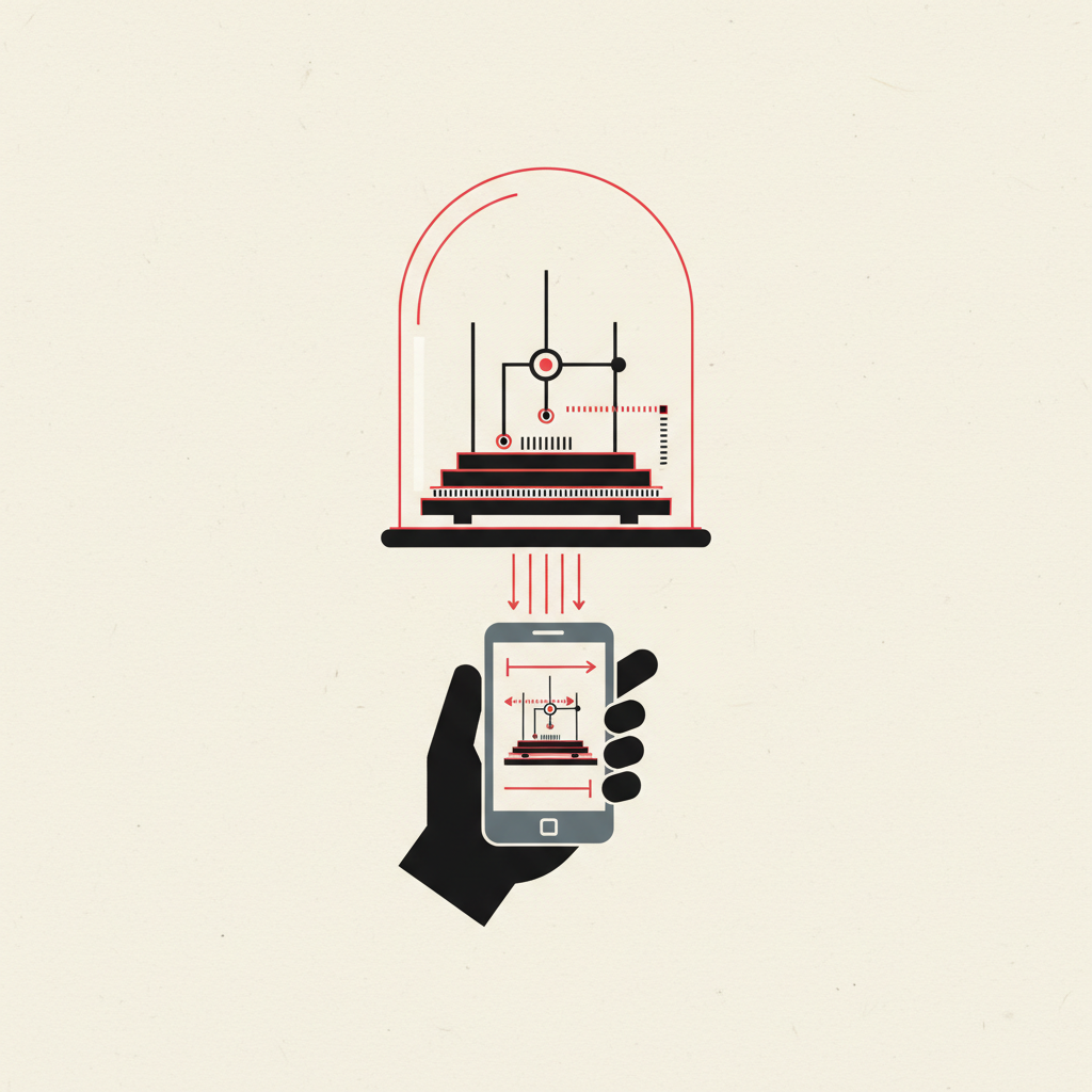 A delicate lab instrument under glass being carefully transferred into a sturdy handheld device while preserving its precision
