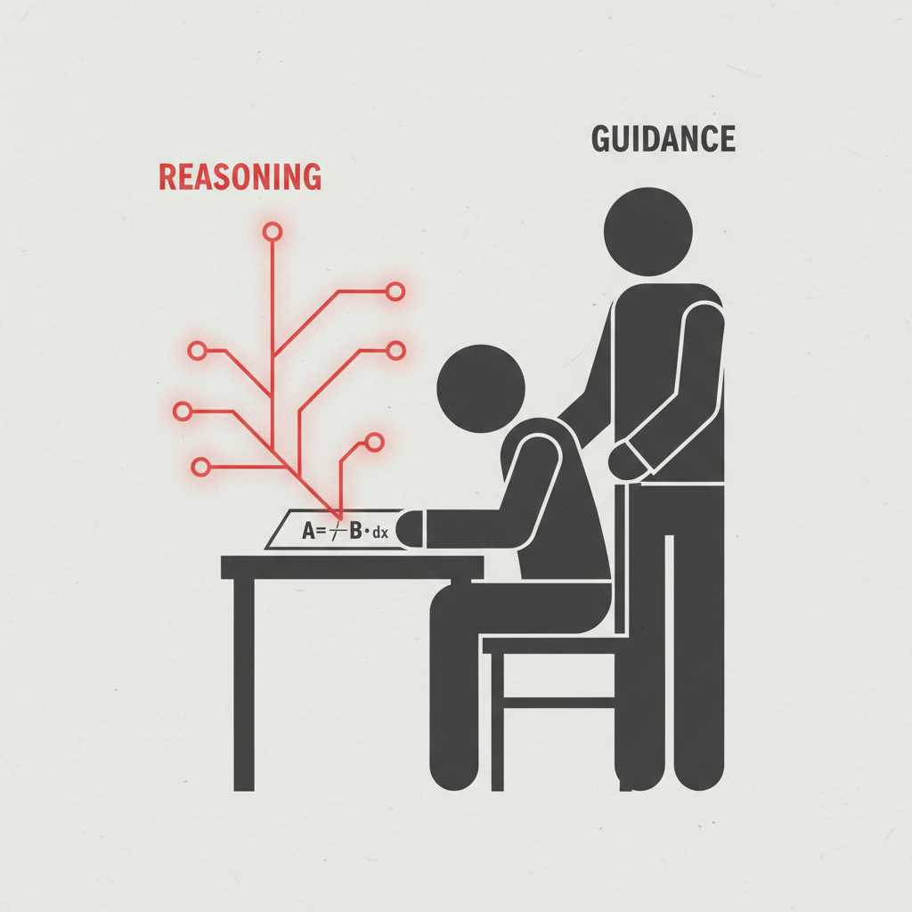 A teacher's hand resting lightly on the back of a chair where a young student works through a problem with a glowing guided thread of reasoning on the desk