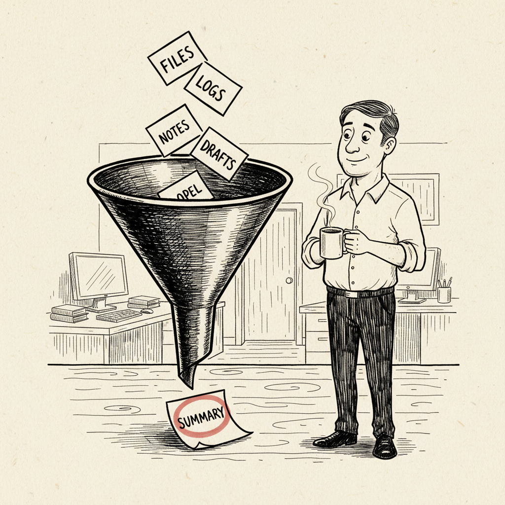 Pen-and-ink sketch of a funnel receiving falling cards labeled FILES, LOGS, NOTES, DRAFTS, a single SUMMARY card emerging from the bottom, a man with a mug watching calmly