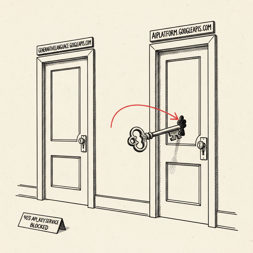 Pen-and-ink sketch of two doors side by side with differently-shaped keyholes labeled with two Google API hostnames, a single key pointing at one door, a rejection sign on the floor in front of the other