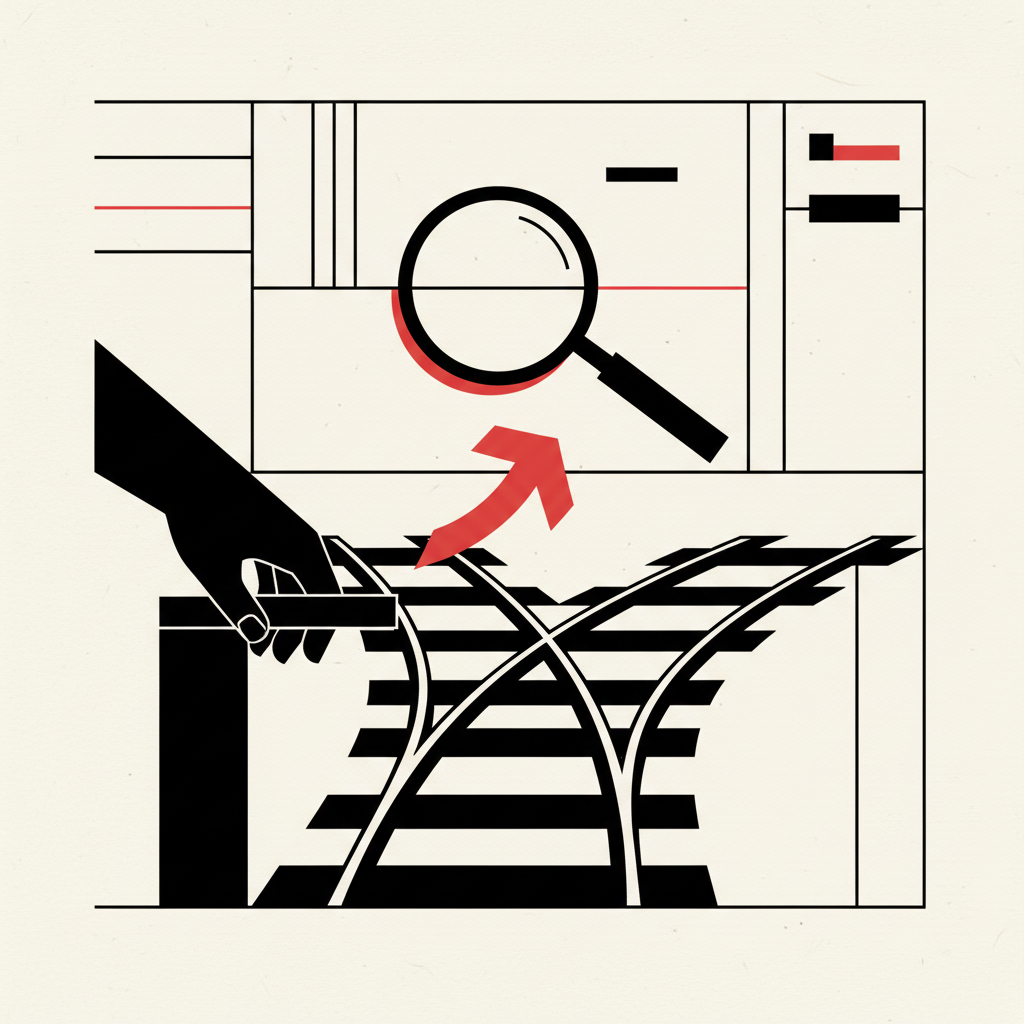 A careful human hand on a railway switch lever at a forking track, with a magnifying lens inspecting the junction before the choice