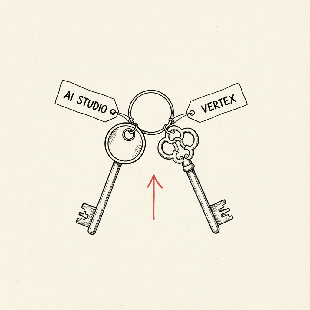 Pen-and-ink sketch of two keys on a ring with paper labels AI STUDIO and VERTEX, a thin red arrow pointing at the VERTEX key