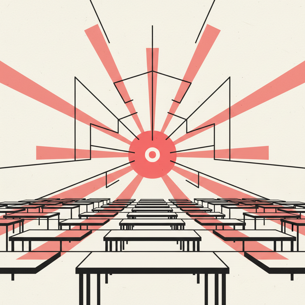 A single lantern's light relayed through mirrors to illuminate many distant desks