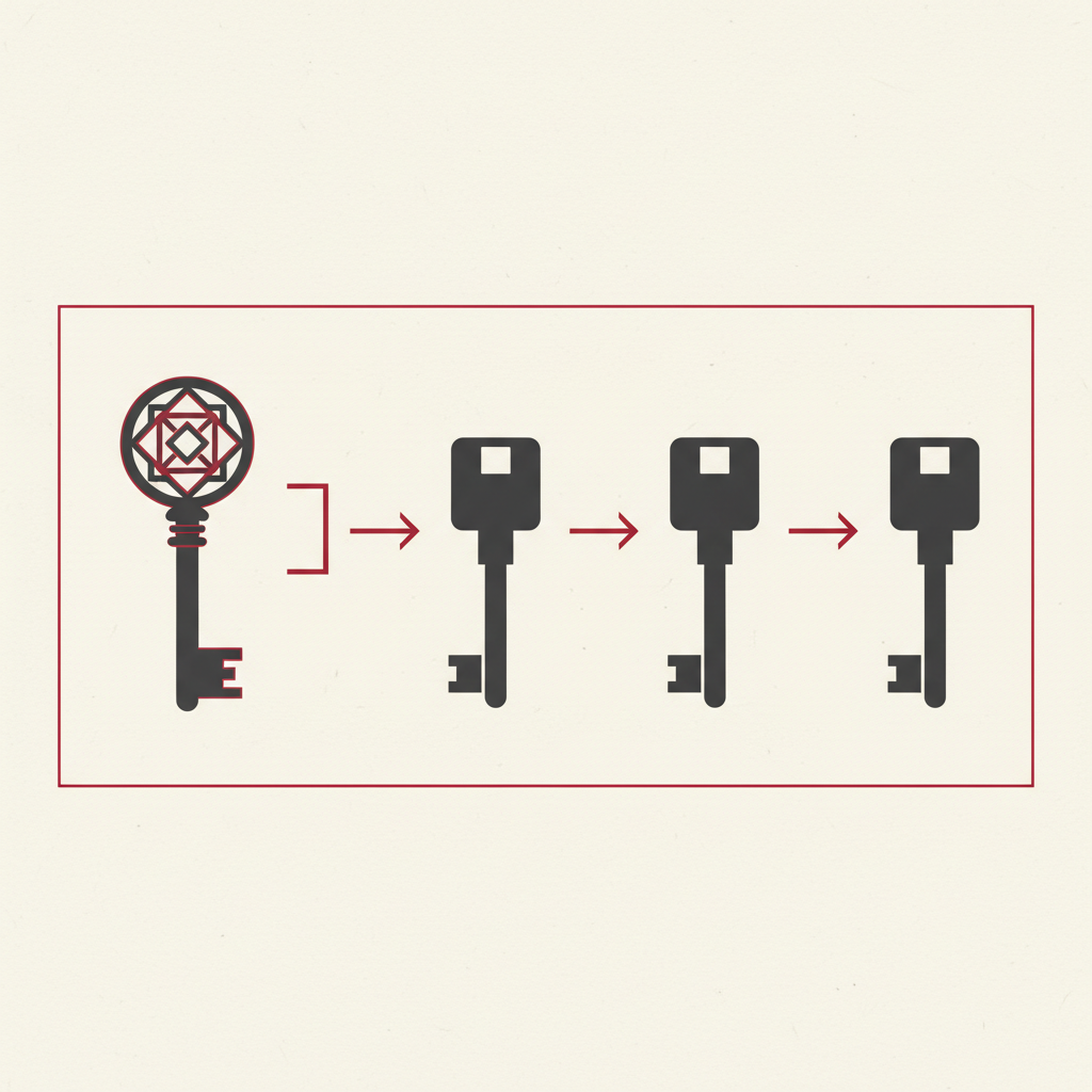 A handcrafted master key giving rise to a row of identical repeatable keys