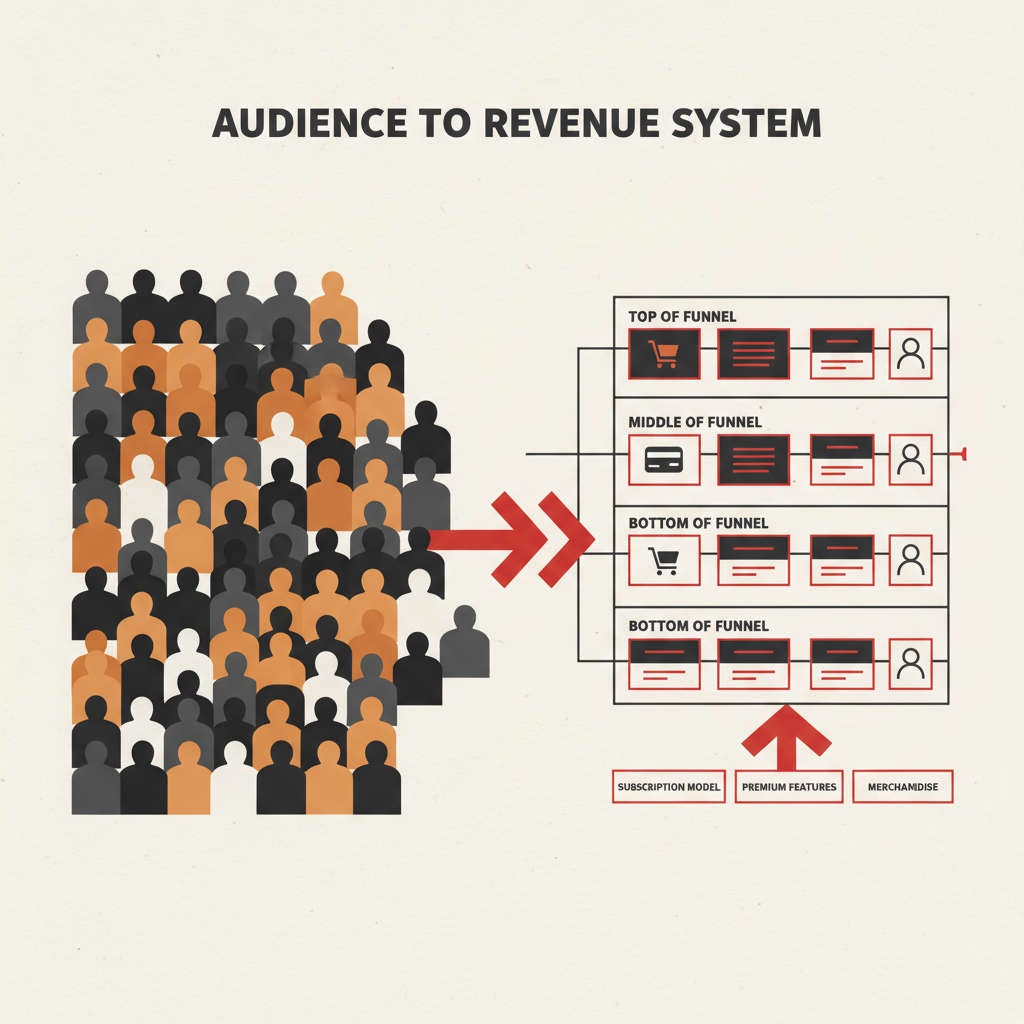 An engaged sports crowd flowing into a clean, structured revenue blueprint.