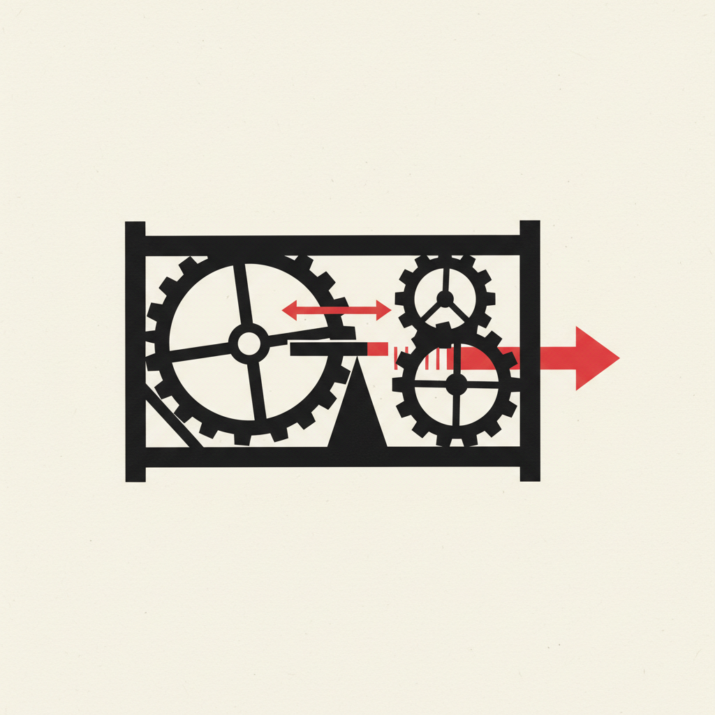 A small lever on a fulcrum shifting a large interlocking structure of gears and girders