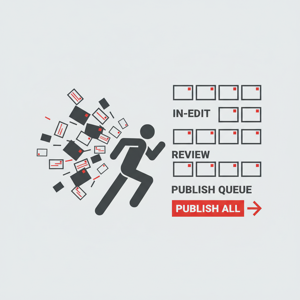 An athlete at center radiating into dozens of video clips and feeds; a chaotic scatter on one side resolves into an organized, labeled publishing queue on the other