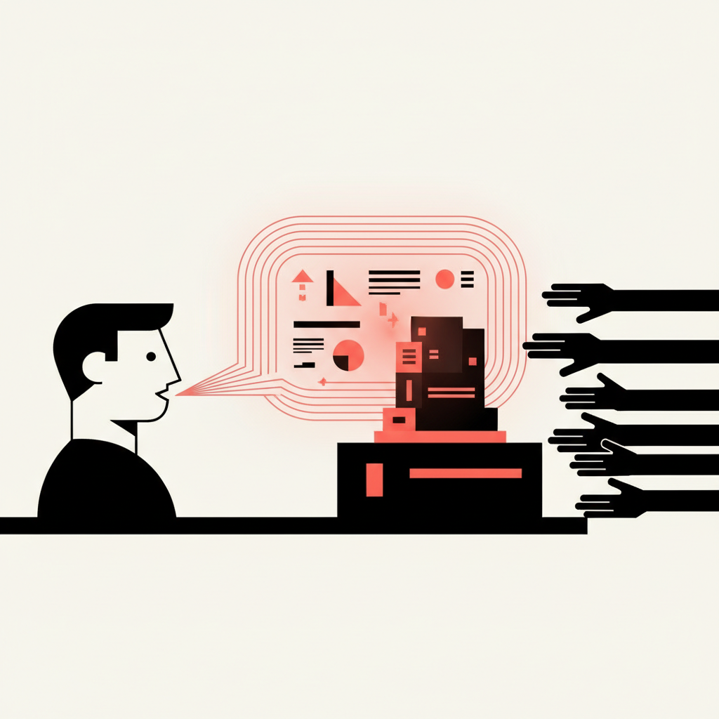 A glowing speech bubble crystallizing into a reusable toolkit object that many hands reach for