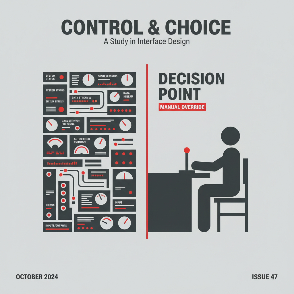 A control room split down the middle: automated gauges and data streams on the left, a person with a hand on a single decision lever on the right, a seam of light between them