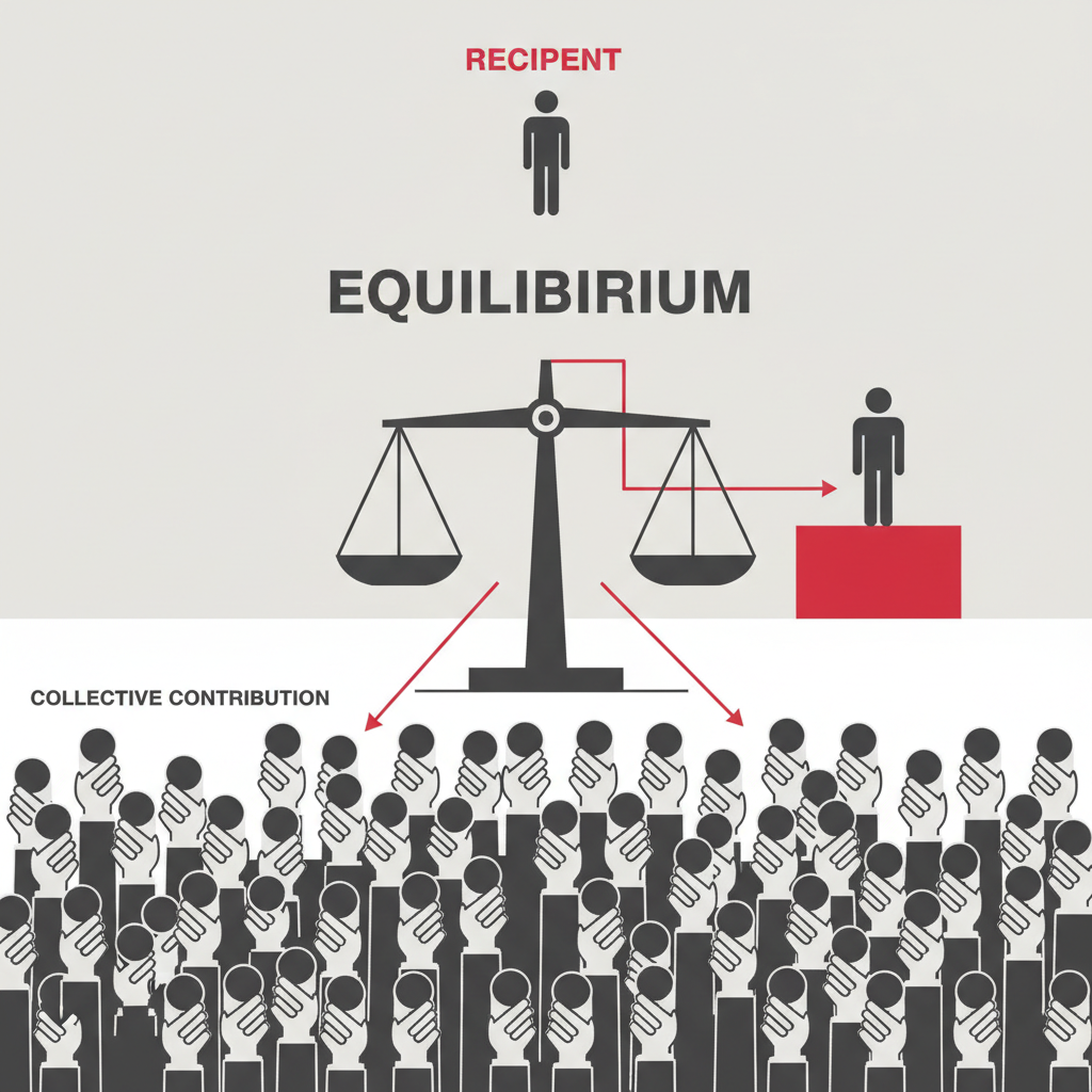 A large crowd of small hands passing coins toward a single distant figure standing on a podium, with a balance scale positioned between the crowd and the figure