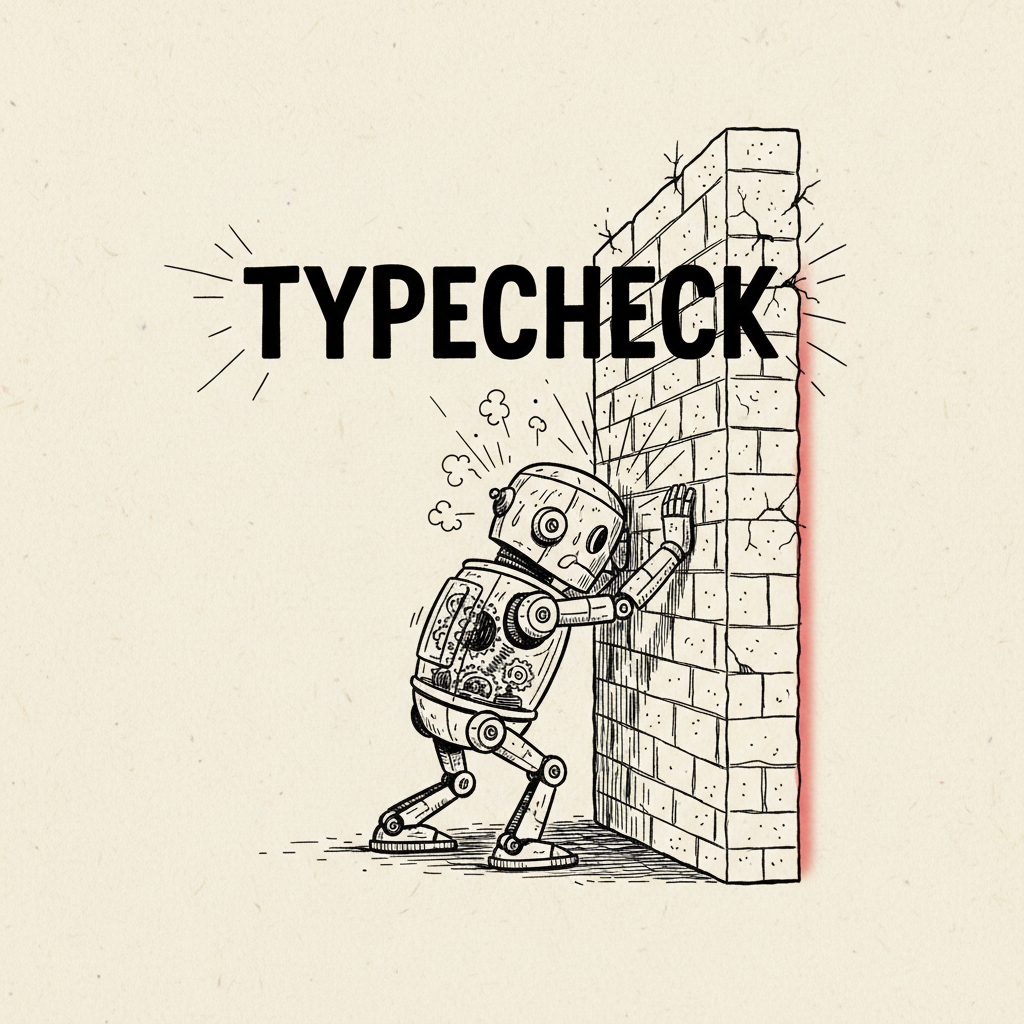 Pen-and-ink sketch of a small clockwork robot pressing its forehead against a tall brick wall painted with the word TYPECHECK, cracks radiating from the contact point and a sliver of sunlight visible on the far side