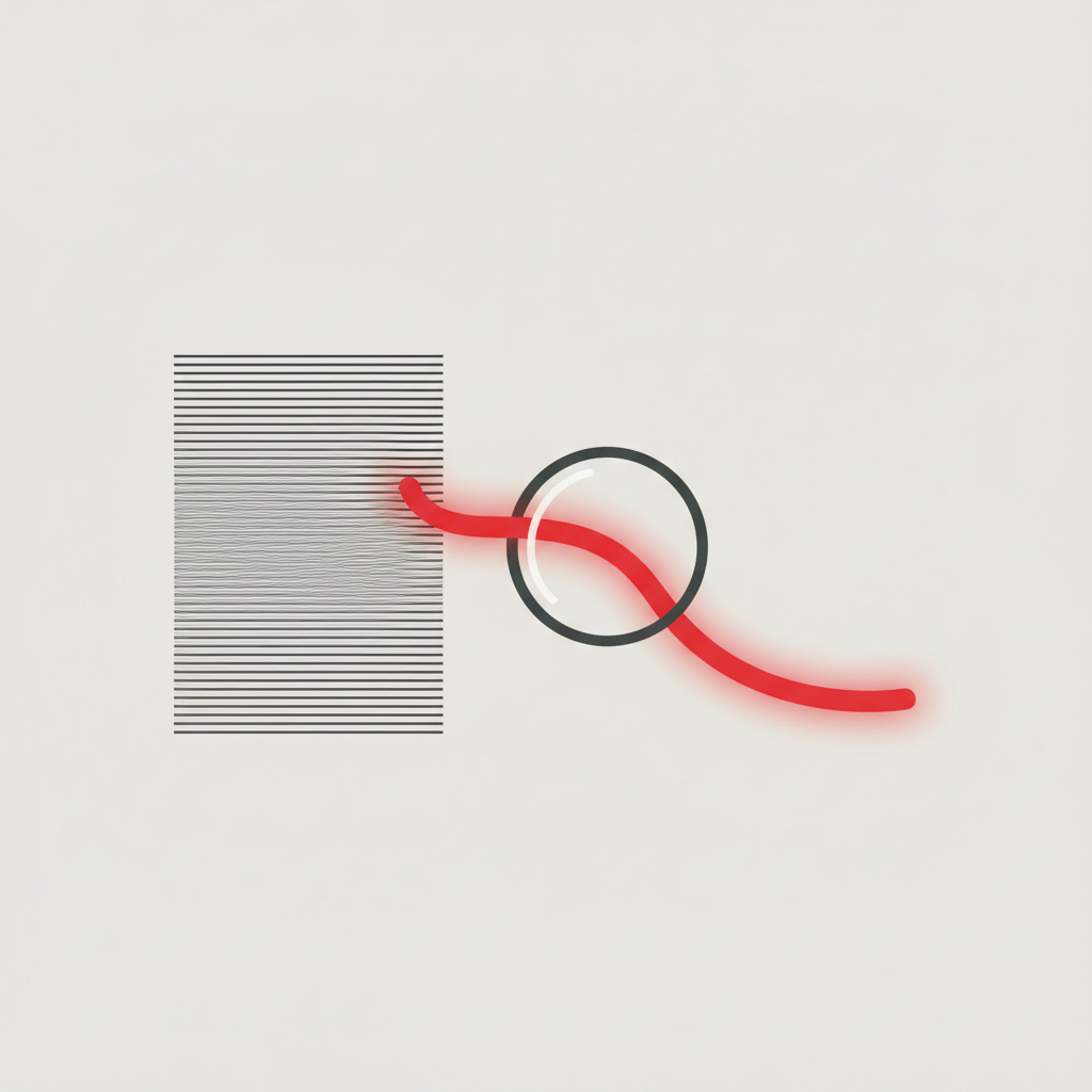 A magnifying lens highlighting a single glowing thread emerging from a tall stack of pages