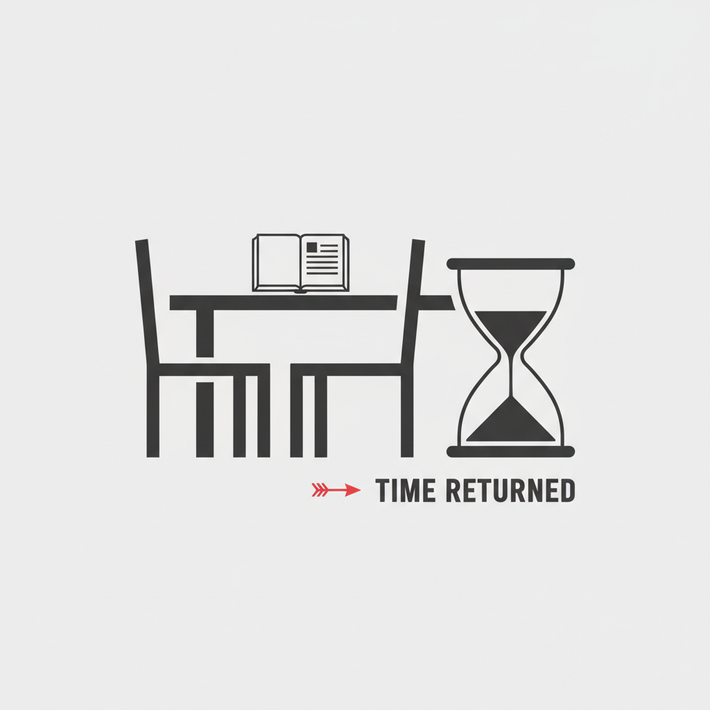Two facing chairs, an open clinical notebook and an hourglass, evoking a behavioral-health clinician getting documentation time back.