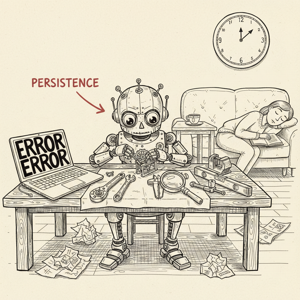 Pen-and-ink sketch of a small clockwork robot working at a tool-covered workbench late at night while a human sleeps peacefully on a couch in the background, a wall clock reading 2:00 above