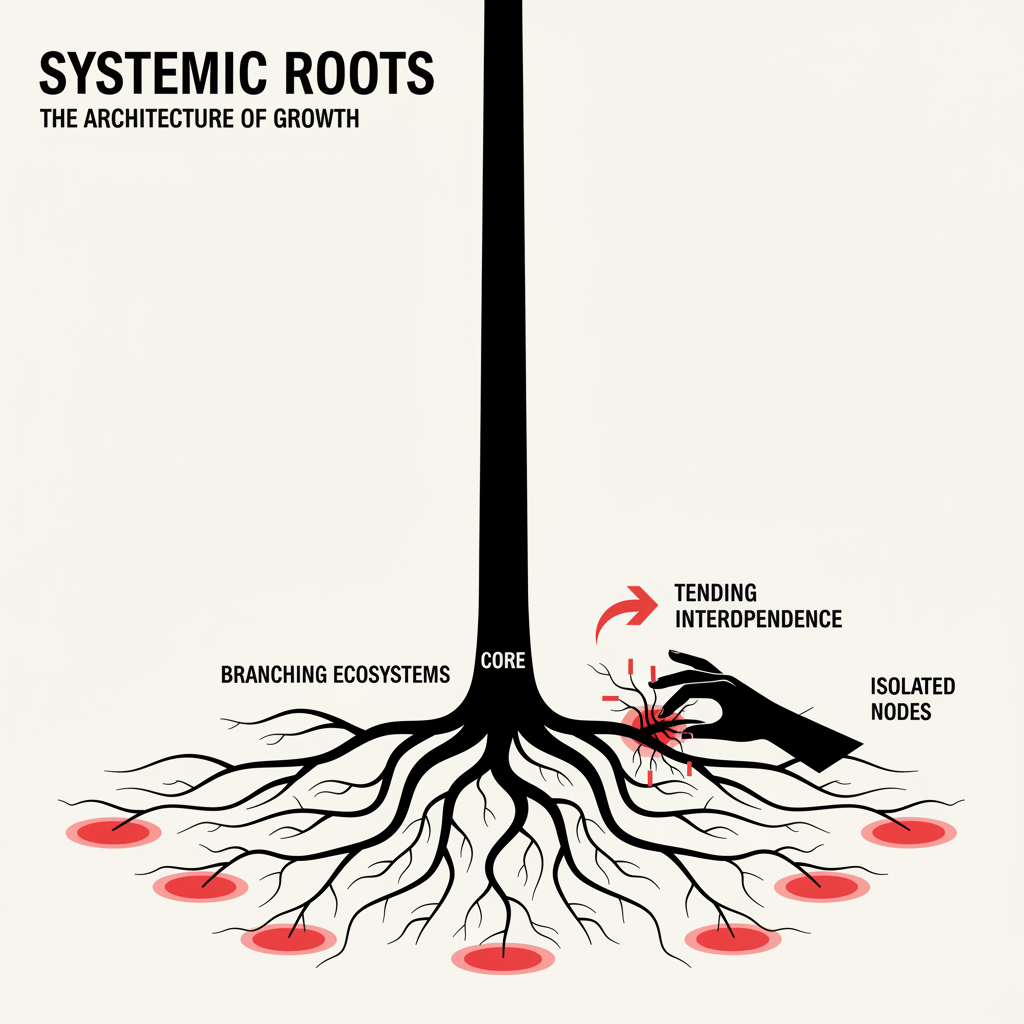 A tree whose roots branch into smaller trees, with a human hand tending one tangled branch