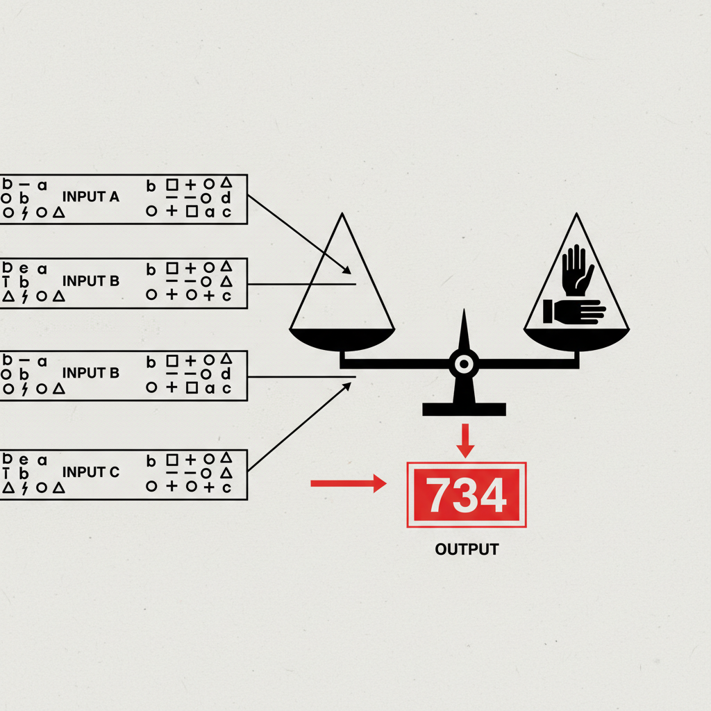 Three distinct data streams flowing into a single balanced scale that outputs one numbered score, with a human hand resting on the scale's beam